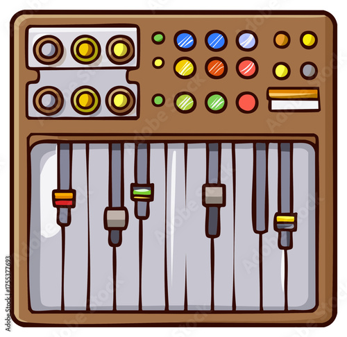 Cartoon style audio mixing board with faders and colorful control knobs for music production