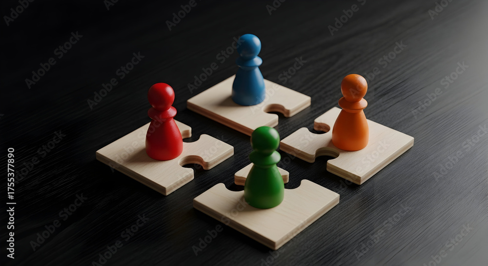 Obraz premium Teamwork puzzle pieces unite strategy with vibrant pawns for success