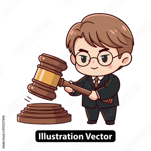 Chibi Lawyer Cartoon Character in Court with Gavel Striking Block Illustration