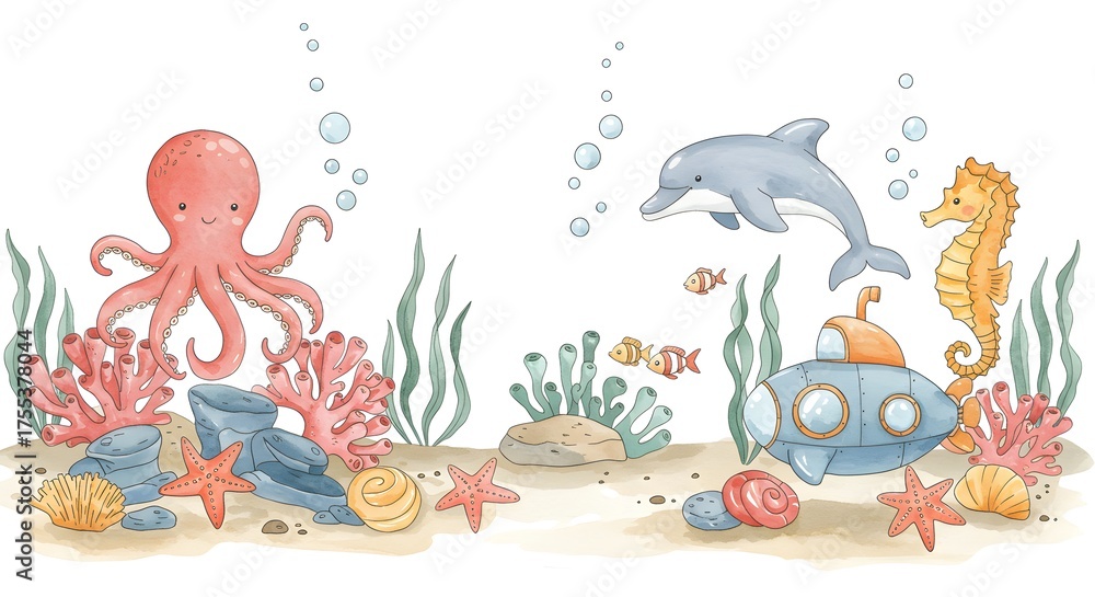 Naklejka premium Funny cartoon underwater world with sea creatures and plants