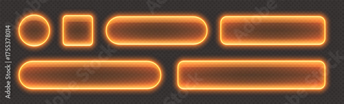 Glossy neon buttons, transparent banners made from glass, orange glowing frames. Futuristic design element. Vector illustration.
