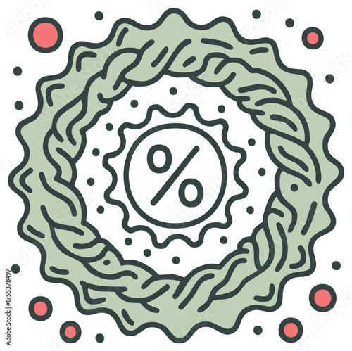 Discount Percent in Woven Floral Circle with Polka Dots on Light Background