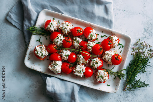 Enjoy fresh cherry tomatoes stuffed with creamy cheese, garnished with rosemary and chives for a healthy summer appetizer or delightful party snack