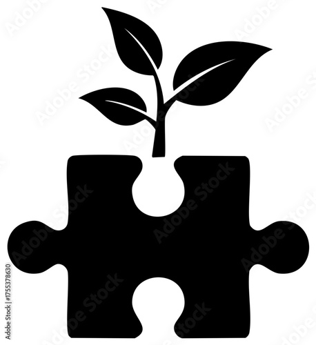 Conceptual Illustration of Sprout Growth on Jigsaw Piece Symbolizing Business Development and Collaborative Solutions