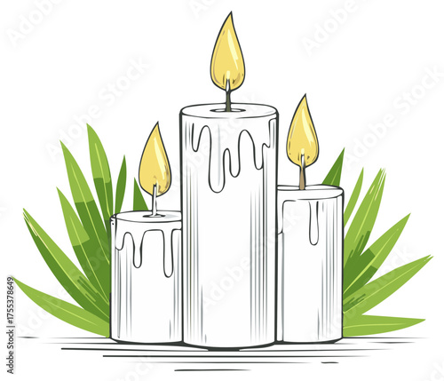 Artistic sketch of flickering white wax candles and fresh green botanical leaves for serene wellness theme