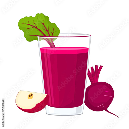 Glass of Refreshing Beet Juice with Apple Slice and Beetroot Against White Background