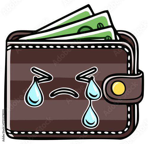 Cartoon wallet with money weeping tears representing financial hardship or loss