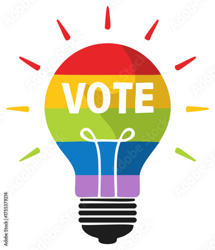 VOTE message in vibrant rainbow lightbulb symbolizing civic engagement, democratic rights, and LGBTQ+ pride
