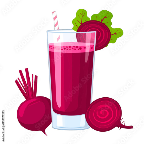 Beet Juice in Tall Glass with Striped Straw and Fresh Beetroot on White Background