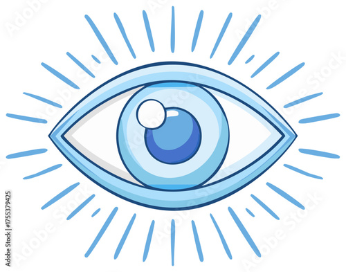 Cartoon Blue Eye with Rays of Light Around it
