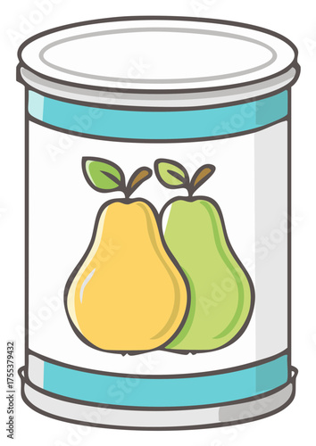 Tin can of preserved pear fruit with a colorful label illustration