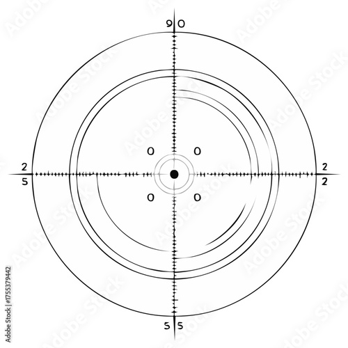 Vector graphic of a detailed scope reticle with crosshairs concentric circles and calibration marks