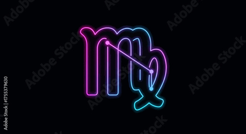 Neon Virgo Zodiac Sign Symbol on Black Background.