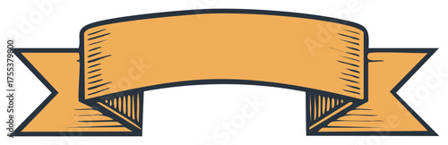 Retro style hand sketched golden orange banner with pointed ends and shading ideal for labels or titles