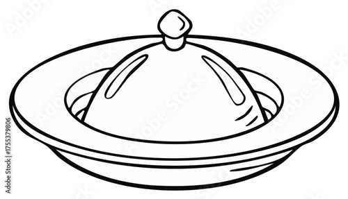 Traditional covered serving dish black and white line art illustration