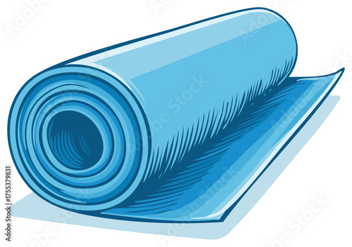 Cartoon style illustration of a rolled up light blue mat, yoga practice or exercise equipment concept art for studio or home use.