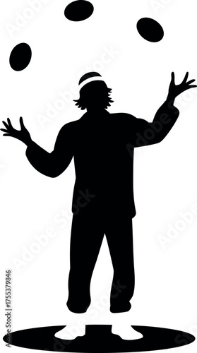 Street performer juggling silhouette with colorful balls