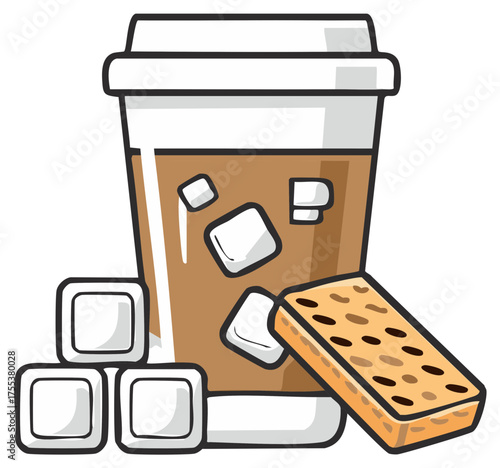 Iced coffee in a takeaway cup with a shortbread biscuit and ice cubes cartoon illustration