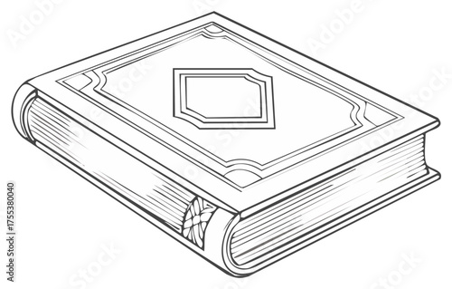 Ornate antique book illustration in a black and white line art style. Closed hardcover vintage storybook.