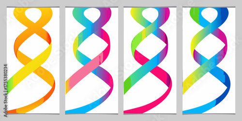 Four vertical banners featuring colorful abstract dna helix designs with a painted drip effect
