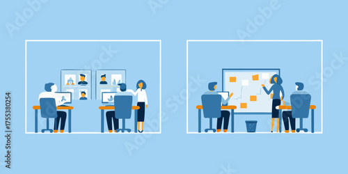 Diverse team collaborating in modern office spaces one group in video conference and another at a whiteboard brainstorming session