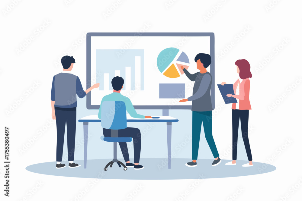 Fototapeta premium Diverse team collaborating on business strategy and data analysis presentation on a large screen