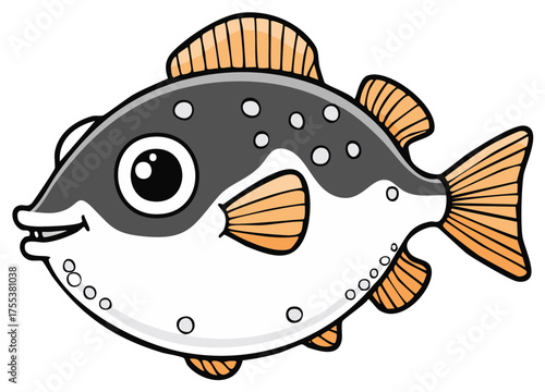 Cartoon pufferfish character illustration, with spots and cartoonish design
