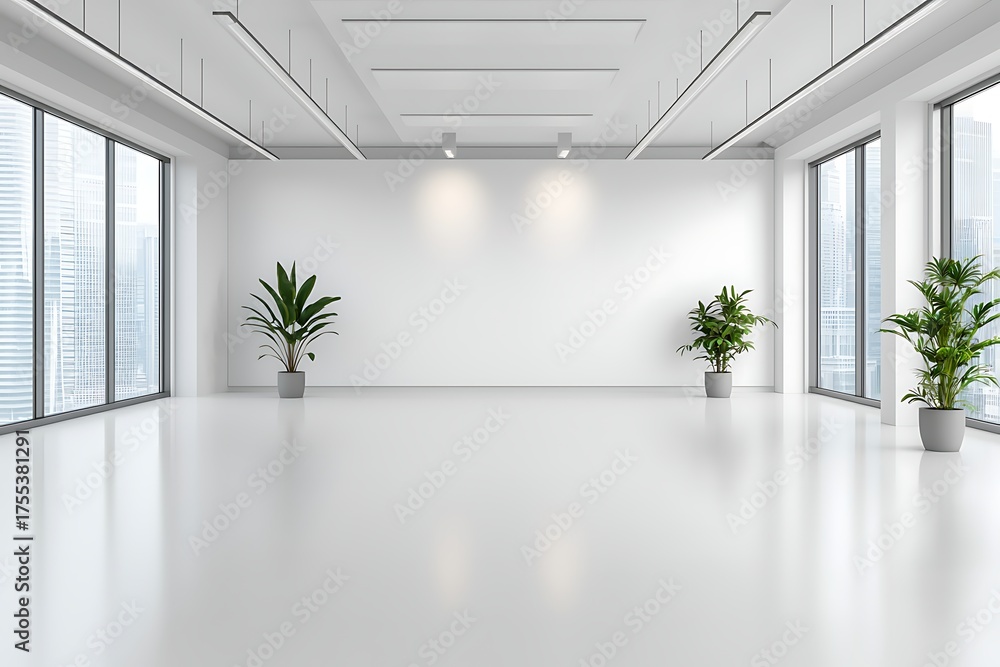 Fototapeta premium Bright and Spacious Modern Office Interior with Large Windows and Green Plants in Pots