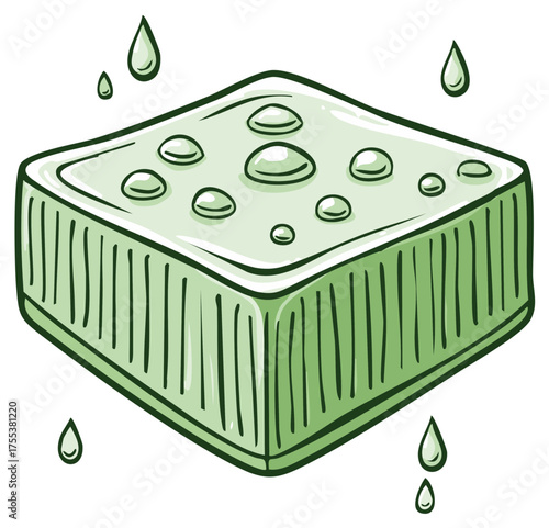Green sponge with water drops clean hygiene concept cartoon illustration