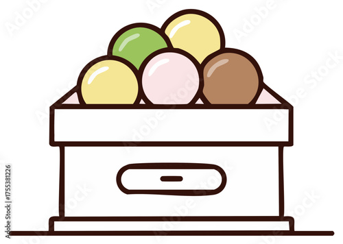 Japanese sweets in a box. Sweet dango in different colors, pastel colors, and illustration style. Lineart illustration of food.