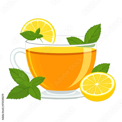 Refreshing Cup of Golden Tea with Lemon Slices and Fresh Mint Leaves on White Background