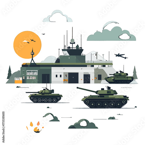 Pixel Art Illustration of Military Base with Olive Green Tanks Against Cloudy Sky and Orange Sun