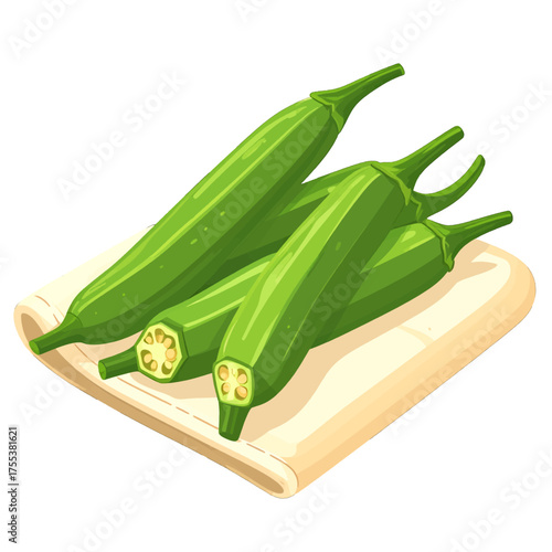 Pixelated Fresh Okra Pods on Beige Cloth Background in Isometric Style