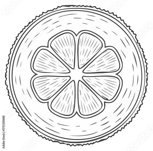 Hand-drawn monochrome citrus slice with segmented segments and textured rind detail