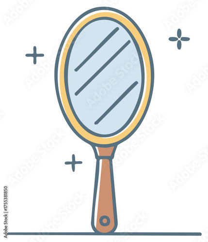 Shiny oval handheld vanity mirror illustration with a stylish brown handle and sparkling reflections
