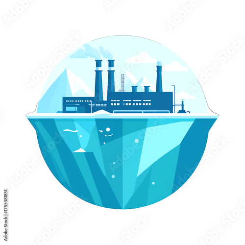 Blue Factory Buildings in Pixel Art Style with Snow Mountain and Iceberg Base Graphic Design Illustration