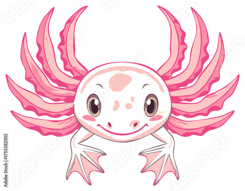 Cute smiling pink axolotl amphibian cartoon character illustration