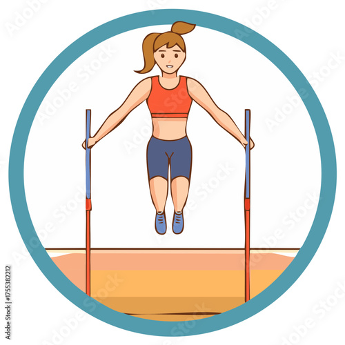 Vibrant cartoon woman character high jumping over bar illustration for track and field sports