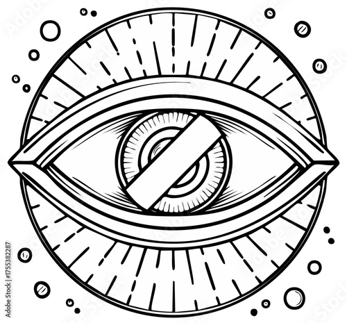 Black and white design of an eye with a blindfold in a circular design