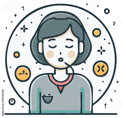 Cartoon Woman Sick in Bubble with Emoticon Sad Faces