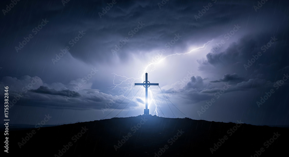 Obraz premium Illuminated Christian cross on a hill against a dramatic stormy sky with a powerful lightning bolt, symbolizing faith and hope, copy space