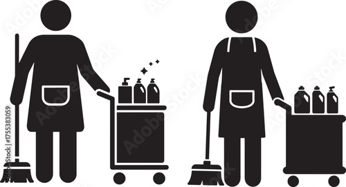 Two cleaning staff with carts and brooms silhouette