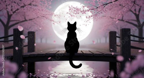 A lone cat silhouette rests on a wooden bridge, gazing at the full moon amidst a magical, misty forest of pink cherry blossoms