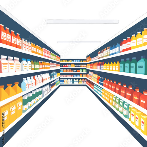 Pixelated Grocery Store Aisle with Brightly Colored Products Displayed on Shelves in a Clean Supermarket Setting Cartoonish Perspective Style