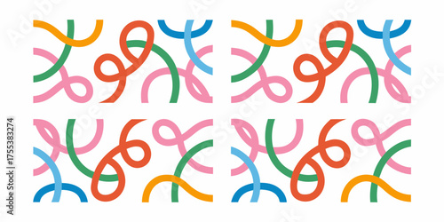 Playful abstract pattern with colorful curved lines and loops on a white background