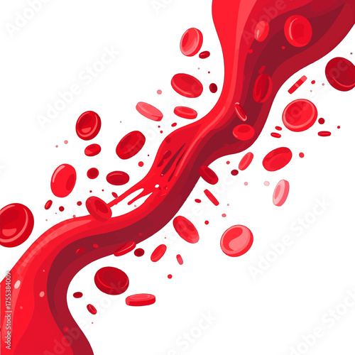 Flowing Stream of Red Blood Cells on White Background Microscopic View