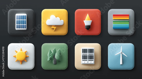 Minimalist Vector Icon Set Featuring Environmental and Renewable Energy Symbols in Bright Colors