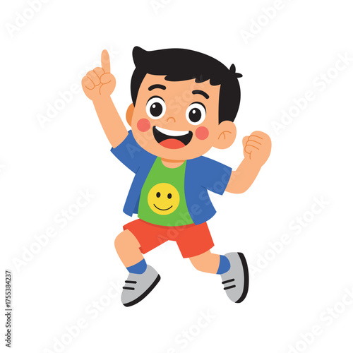 Cartoon boy jumping with index finger raised