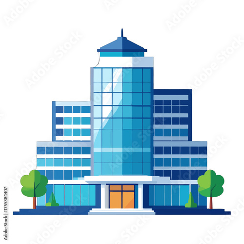 Modern Blue Glass Building with Geometric Design and Landscaping Isolated on White Background Featuring Trees and Urban Architecture