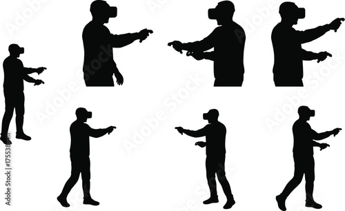 VR Gaming Silhouette, Man Wearing Virtual Reality Headset, Playing with Motion Controllers, Immersive Entertainment Vector Graphics.